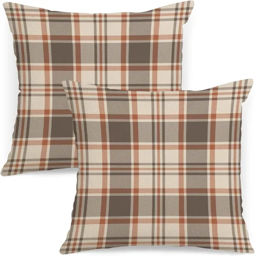 Vista 24 de AOFANGGO - Juego de 2 fundas de almohada de otoño decorativas de 16x16 pulgadas. Fundas de almohada de cuadros naranja y gris, cojines de lino