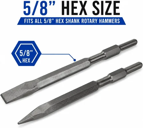 Vista 3 de XtremepowerUS Cinceles de hormigón plano y punta de 2 piezas para martillo eléctrico de demolición de 5/8 pulgadas, vástago hexagonal de 2 piezas