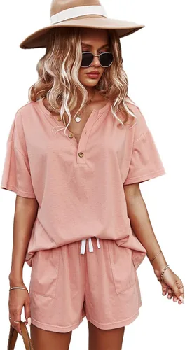 Vista 3 de ADDHEAT - Sudaderas de manga corta y shorts para mujer Conjunto de 2 piezas con bolsillos