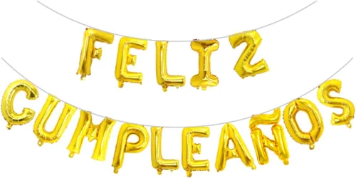 Vista 2 de Cartel / arco de globos dorados de Feliz Cumpleanos Globos de Feliz Cumpleaños Cartel de decoración de fiesta, pancarta española de feliz