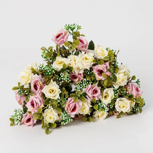 Vista 4 de Flores artificiales, 5 racimos, 12 rosas pequeñas de seda falsa, arreglo de flores de plástico para ramos de boda, decoración del hogar, centros