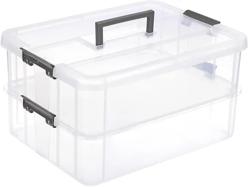 Vista 11 de JUXYES Caja de Almacenamiento Apilable de 2 Niveles con Asa, Contenedor de Almacenamiento Apilable Transparente con Tapa y Asa con Cierre para Negro