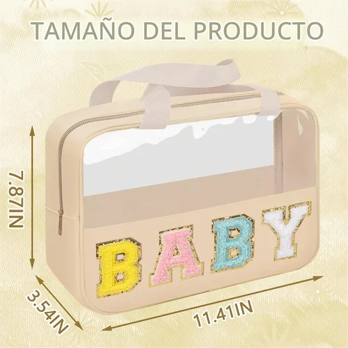 Vista 2 de Iqimott Bolsa de bebé con parche de letras de chenilla, bolsa de cosméticos transparente para maquillaje, bolsa grande de almacenamiento