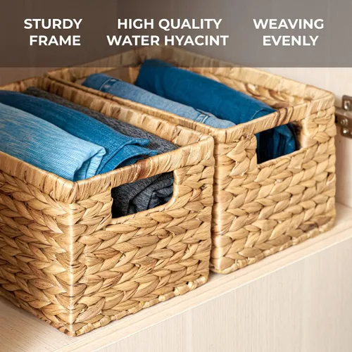 Vista 3 de BARIEN Juego de 6 cestas de almacenamiento tejidas de jacinto de agua natural de 12.6 x 8 x 7 pulgadas, cesta rectangular de mimbre con asas