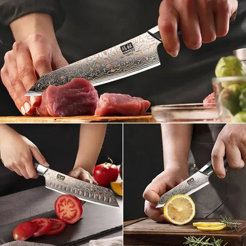 Vista 5 de Juego de cuchillos de cocina de Damasco SHAN ZU, cuchillos de cocina japoneses de cobre y acero de Damasco, cuchillo utilitario forjado a mano