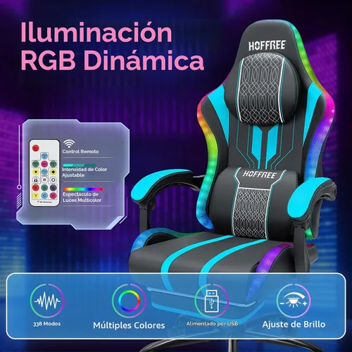 Vista 5 de HOFFREE Silla LED para juegos con altavoces, silla de computadora grande y alta con luces RGB, silla de juego Bluetooth con reposapiés, sillas
