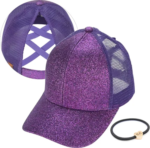 Vista 11 de C.C Gorra de béisbol de malla con diseño de estrella brillante, gorra de camionero ajustable para moño o cola de caballo Una banda elástica-negro