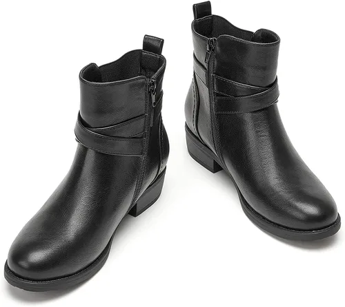 Vista 5 de VJH confort Botines para mujer, punta redonda, tacón bajo, cómodos, elásticos, con correa de hebilla y cremallera lateral