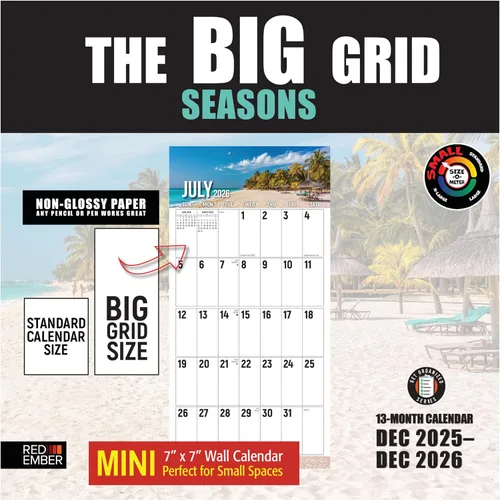 Vista 7 de RED EMBER The Big Grid - Calendario de pared 2026 Seasons in Nature de 12 meses 12 x 24 pulgadas abierto Regalo de vacaciones Calendario