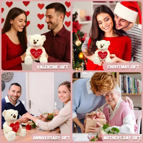 Vista 6 de Oso de peluche blanco con corazón rojo I Love You de 12 pulgadas, lindo oso de peluche pequeño suave para San Valentín, boda, aniversario, regalo