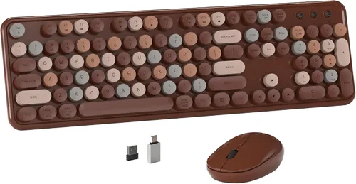 Vista 7 de MPTOG Combo de teclado y mouse inalámbrico de computadora colorido con teclas redondas estilo máquina de escribir, diseño retro, interruptor