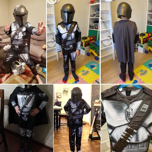 Vista 6 de nezababy SW - Disfraz de mandaloriano para niños, cosplay, casco Boba Fett, traje de fiesta de Halloween de 4 a 10 años