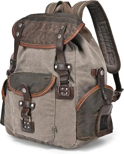 Vista 2 de Mochila de lona Tapa Mochila grande de lona con detalles de cuero genuino Mochila retro para portátil, Gris, Mochila de senderismo