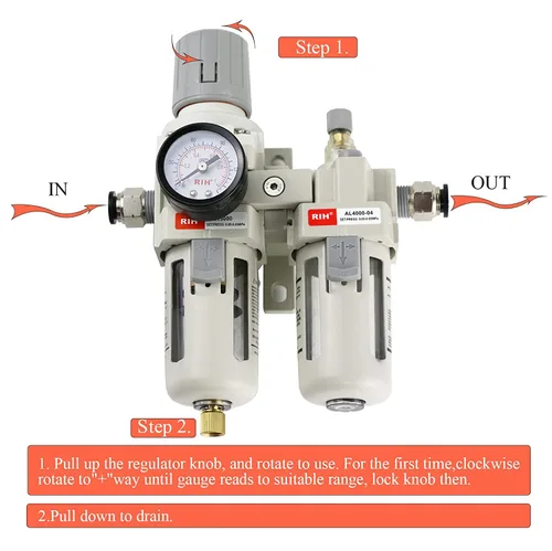 Vista 4 de RIH Pneumatics - Regulador de filtro de aire comprimido NPT de 1/2 pulgada, lubricador combinado separador de trampa de agua/aceite, calibre