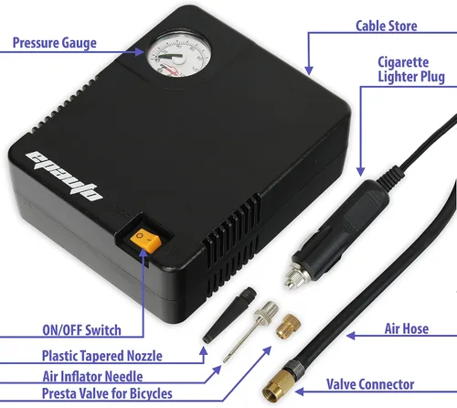 Vista 2 de EPAuto bomba de compresor de aire portable para auto 12 V DC, inflador de llantas para vehículo utilitario mediano/compacto. Bomba de compresor