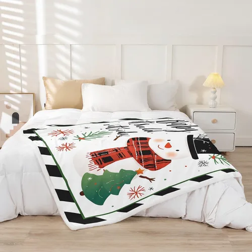 Vista 2 de Manfei Manta de Navidad con árbol de Navidad, muñeco de nieve, copo de nieve, para decoración de habitación de niños y niños, manta de rayas blancas