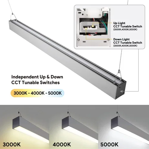 Vista 2 de Euri Lighting EUD4-50W103sw-S, Linkable 4FT DUAL CCT Lineal Up/Down Light, 50W, 6500lm, 3000K/4000K/5000K, 120-277V, Clasificación de humedad, 0-10V