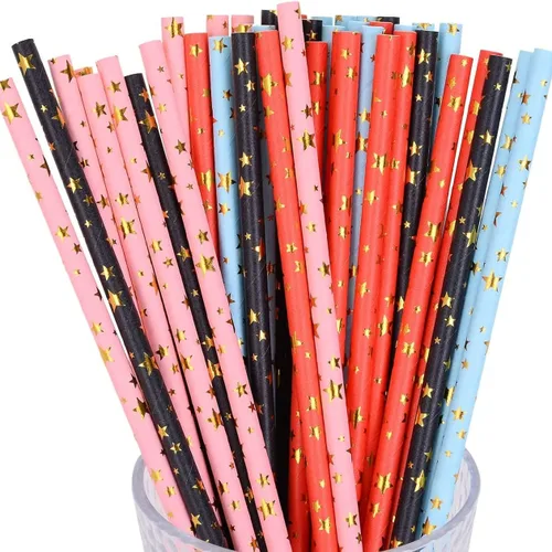 Vista 22 de 100 pajitas de papel mixtas para fiestas, color negro, rosa claro, azul, rojo, dorado, con lunares, burbujas, para cumpleaños, baby shower, boda