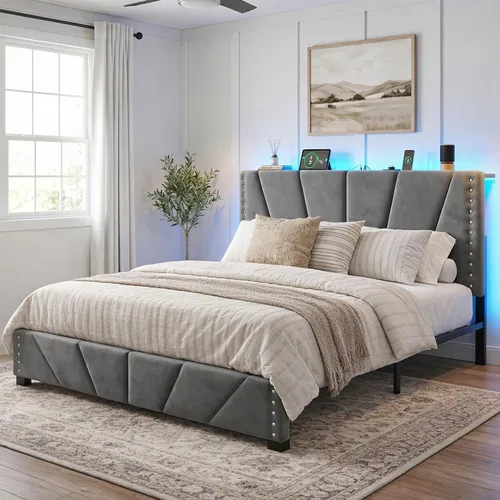 Vista 13 de EnHomee Base de cama individual con luces LED y USB, sin ruido, color beige