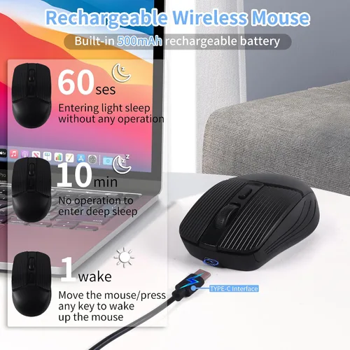 Vista 6 de Ratón Bluetooth inalámbrico, modo dual recargable, ergonómico, silencioso y portátil, carga tipo C, con receptor USB de 2.4G, para PC, MacBook