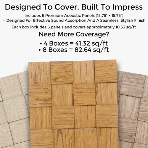 Vista 5 de Paneles de pared acústicos de tablero de ajedrez, paquete de 6 paneles de pared 3D de ceniza natural que absorben el sonido, 15.7 x 15.7 pulgadas