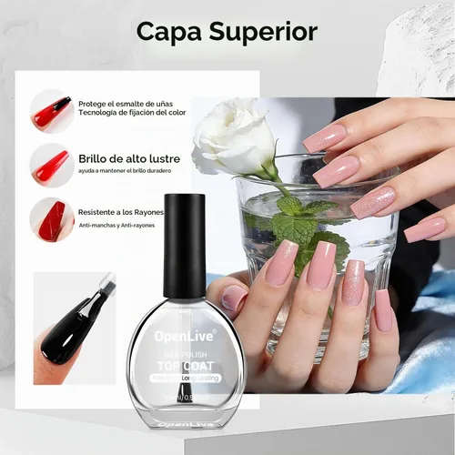 Vista 2 de OpenLive 2 esmaltes de uñas transparentes con capa superior brillante, secado rápido, esmalte de uñas regulares, acabado de alto brillo, protección