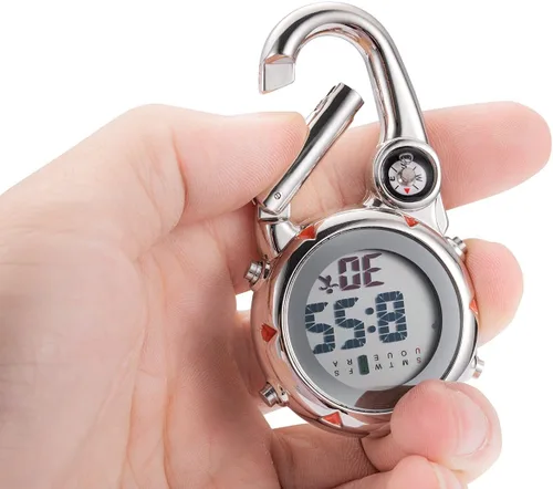 Vista 6 de Clip de brújula digital relojes de hombre blanco y negro, mosquetón impermeable con reloj despertador