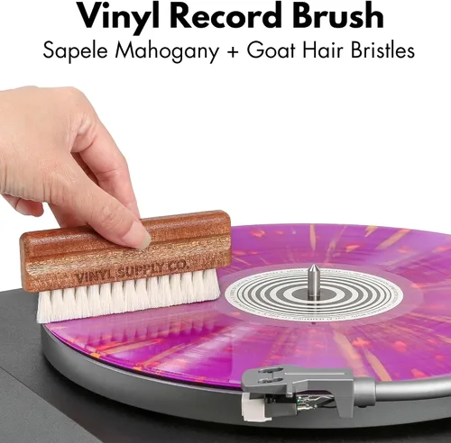 Vista 3 de Vinyl Supply Co.- Juego de pinceles para discos de vinilo 3 en 1, cepillo para discos de vinilo de pelo de cabra, almohadilla de terciopelo