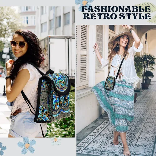 Vista 7 de 3 unids mujeres vintage bordado étnico hecho a mano mochila flor Crossbody bolsa Hmong mochila bolso mexicano, Azul series, Serie Azul