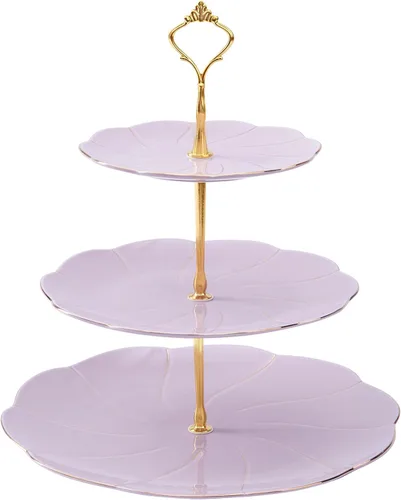 Vista 7 de DUJUST Lujo Soporte para Magdalenas de Porcelana de 3 Niveles en Forma de Torre, Bandeja de Servir de Estilo Británico con Borde Dorado, Soporte