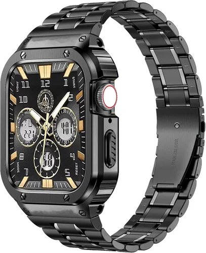 Vista 9 de MioHHR Correa de Acero Inoxidable para Reloj con Estuche Compatible con Correas de Apple Watch 40/41 mm, Correa Resistente con Cubierta Protectora