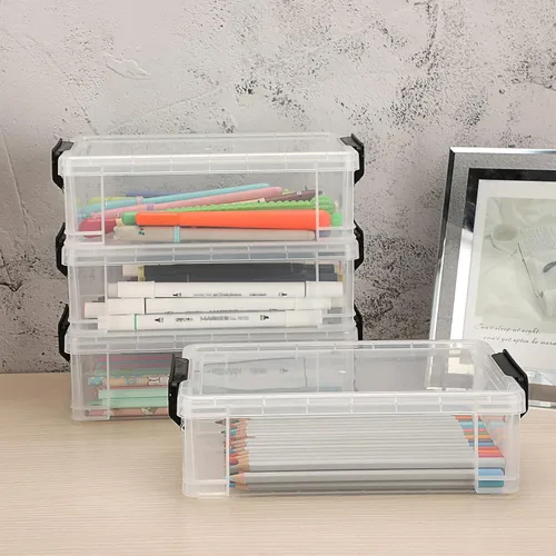 Vista 5 de BTSKY Paquete de 4 cajas de lápices de plástico extra grandes, apilables, translúcidas transparentes, juego de cajas de crayón, organizador de Negro