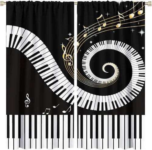 Vista 14 de Cortinas abstractas con notas musicales de piano, temática musical de piano, decoración de dormitorio de niños y niñas, arte rústico retro