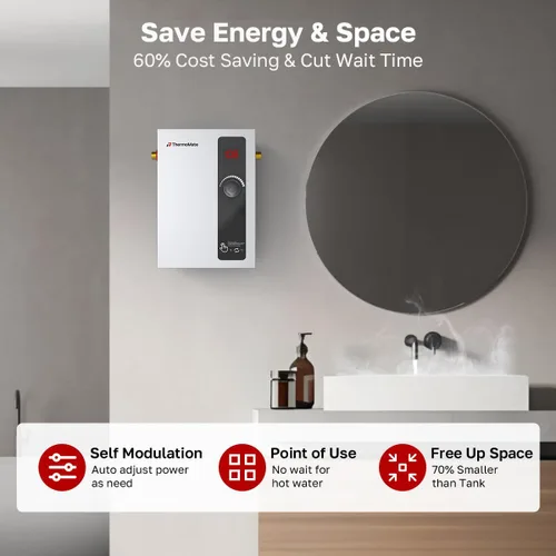 Vista 4 de Calentador de agua eléctrico sin tanque, ThermoMate de 8 kW a 240 voltios, calentador de agua caliente instantáneo bajo demanda para punto de uso