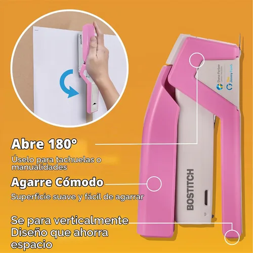 Vista 7 de Bostitch Office InCourage - Engrapadora compacta con resorte, 3 en 1, plástico, media tira, capacidad para 20 hojas, BCA rosa (1588)