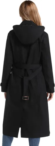 Vista 3 de poonyfesh Gabardina larga impermeable resistente al viento para mujer clásica con solapa de doble botonadura con capucha extraíble