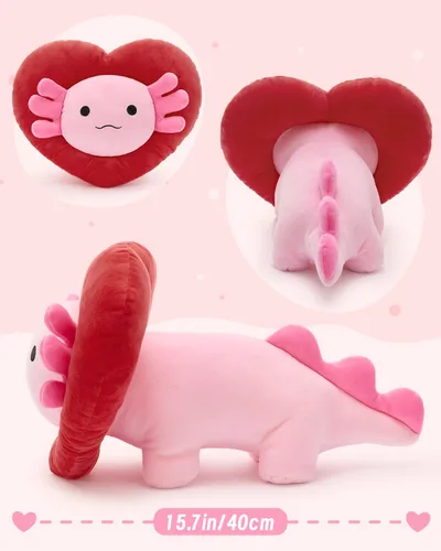 Vista 7 de MaoGoLan Peluche de ajolote de San Valentín con capucha en forma de corazón, almohada de peluche de salamandra blanda y suave, regalo de peluche