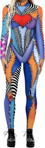 Vista 17 de Disfraz de esqueleto de calavera para mujer, overol de una pieza para Halloween 3D printed skull skeleton robot costume, Back zipper closure