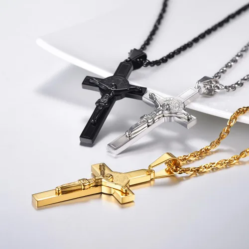 Vista 2 de PROSTEEL Collar de cruz de acero inoxidable Crucifijo Jesús pieza colgante grande religioso cristiano joyería hombres mujeres joyería regalo