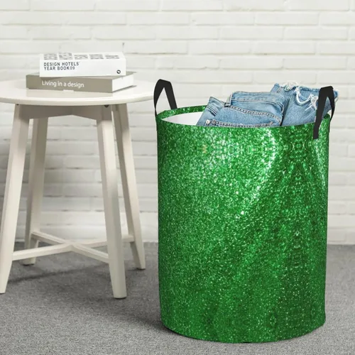 Vista 8 de Cesta de lavandería grande,Cesta de lavandería plegable con asas,Para ropa en el dormitorio familiar,Brillo de lentejuelas verdes