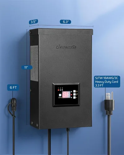 Vista 7 de DEWENWILS Transformador de bajo voltaje de 200 W con 3 salidas de control independientes, transformador de paisaje con temporizador y sensor