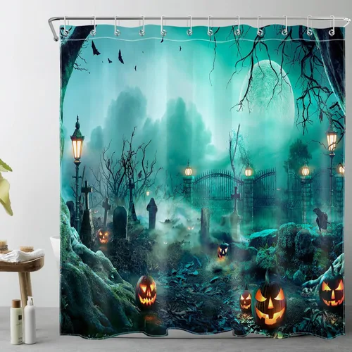 Vista 14 de LB Cortina de ducha de Halloween, cementerio de terror, fantasma, gatos negros en árbol, calabaza, cortinas de ducha para baño con ganchos, 60 x 72