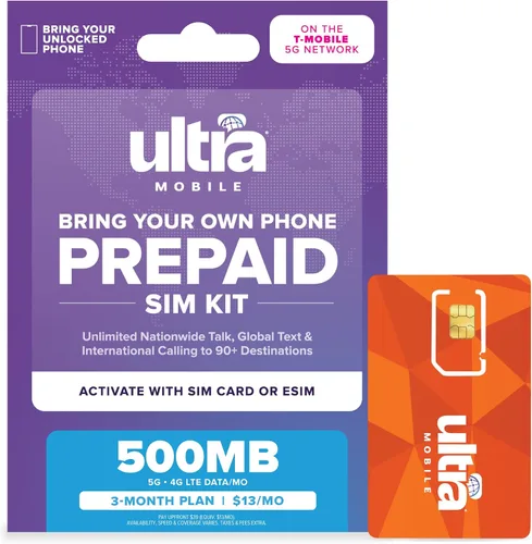 Vista 13 de $49/mes. Plan telefónico prepago Ultra Mobile con llamadas, mensajes de texto y datos ilimitados durante 1 mes (kit de tarjeta SIM 3 en 1)
