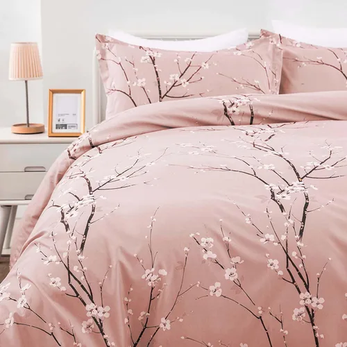 Vista 3 de WONGS BEDDING Juego de funda de edredón floral rosa tamaño individual, juego de ropa de cama reversible con 1 funda de almohada, juego de funda