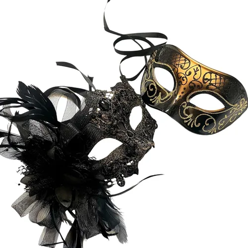 Vista 31 de MASQ Par de máscaras de encaje brocado para mascarada, Mardi Gras, cumpleaños, graduación, boda, fiesta Bk Lace W Pluma