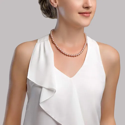 Vista 3 de Collar de perlas cultivadas de agua dulce rosa para mujer de 18 pulgadas de longitud con oro de 14 quilates y calidad AAA, The Pearl Source, Perla