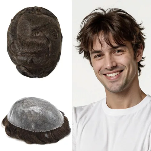 Vista 339 de Toupee para hombre 100% cabello humano real tupé para hombres 0.004 in piel de poliuretano para hombre, sistema de reemplazo de piezas de pelo