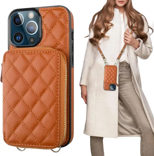 Vista 16 de Bocasal Funda tipo cartera cruzada para iPhone 13 Pro Max, bloqueo RFID de cuero PU con cremallera, bolso cartera con tapa plegable, funda tipo Beige