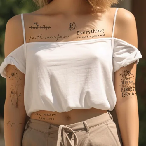 Vista 5 de Tatuajes temporales realistas – 60 hojas de tatuajes falsos pequeños, 30 piezas de tatuajes significativos con escrituras y palabras, 30 calcomanías