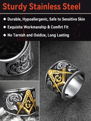 Vista 4 de FaithHeart Anillos de sello masónico para hombres, joyería masónica de acero inoxidable, anillo de pulgar punk con embalaje delicado
